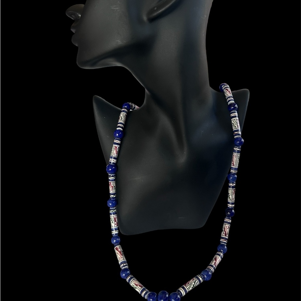Vintage Hand-Painted Ceramic & Cobalt Blue Glass Bead Statement Necklace